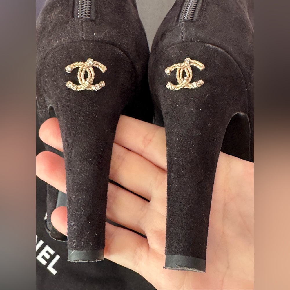Chanel Black Pearl-Embellished Suede Ankle Boots - Women with golden CC heels - Picture 12 of 16